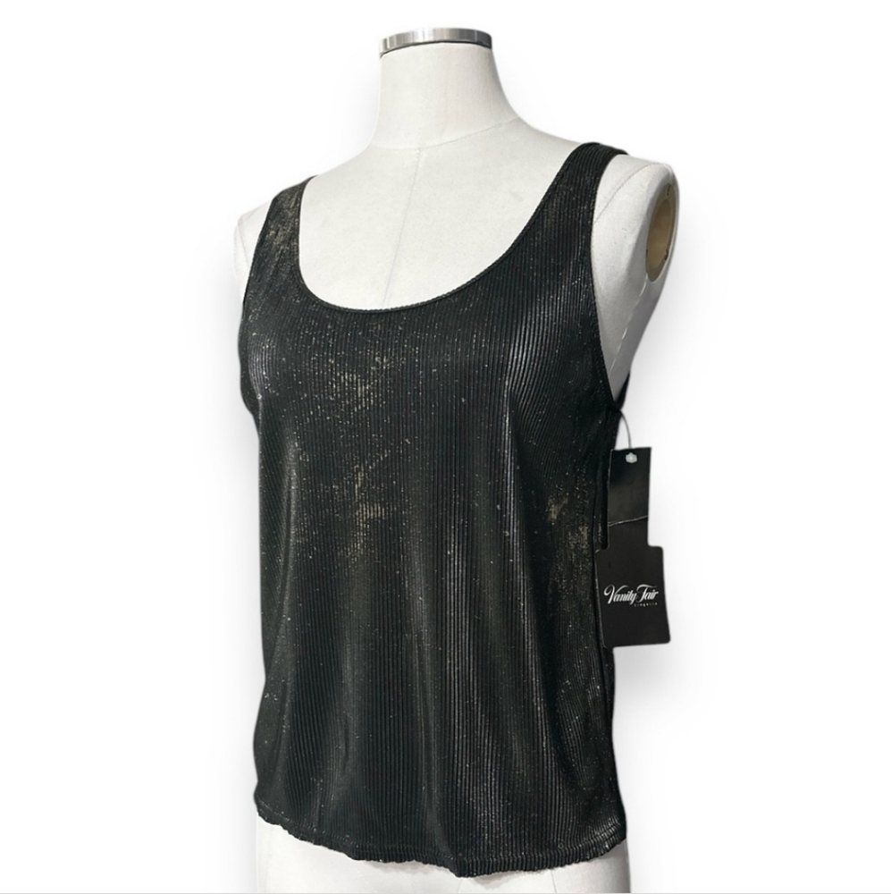 VANITY FAIR Metallic Gold Splattered Black Ribbed Scoop Neck Camisole NWT!